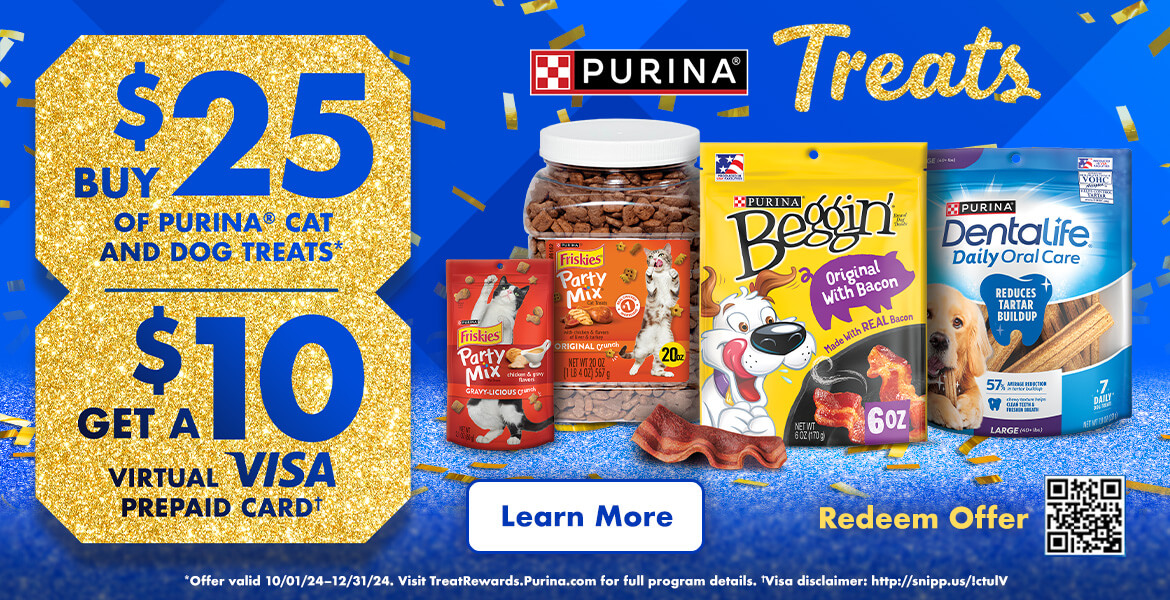 Buy $24 of Purina Cat and Dog treats and get a $10 prepaid visa card - visit link to learn more