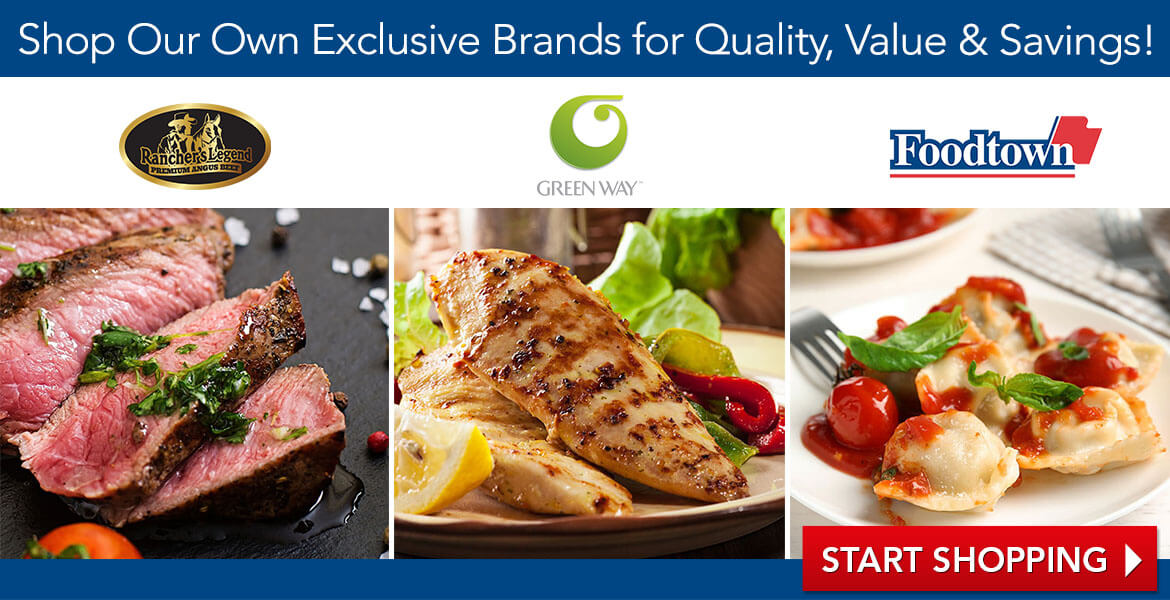 steak, chicken and ravioli. Text on the image reads, shop our own exclusive brands for quality, value and savings. Click to start shopping.