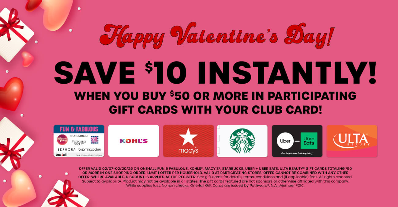 Save $10 instantly when you buy $50 or more in participating gift cards