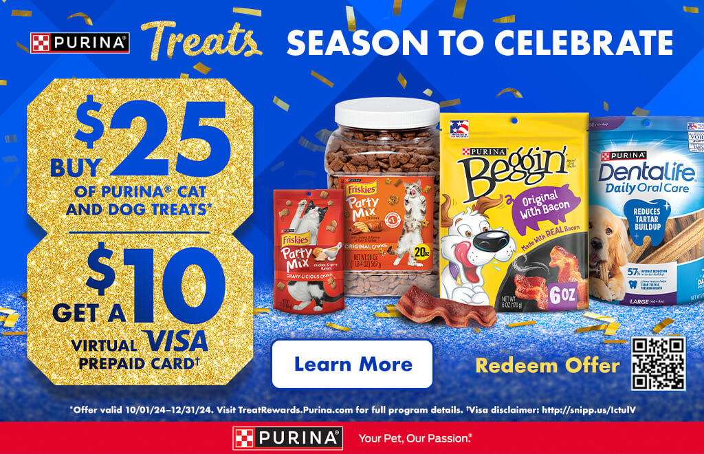 Spend $25 on select dog and cat treats and get a $10 prepaid visa gift card